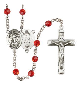 Sterling Silver 6mm Austrian Crystal Saint Michael / Nat'l Guard Rosary in Ruby