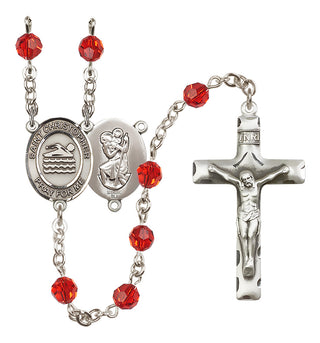 Sterling Silver 6mm Austrian Crystal Saint Christopher/Swimming Rosary in Ruby