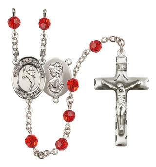 Sterling Silver 6mm Austrian Crystal Saint Christopher/Martial Arts Rosary in Ruby