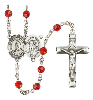 Sterling Silver 6mm Austrian Crystal Saint Sebastian/Skiing Rosary in Ruby