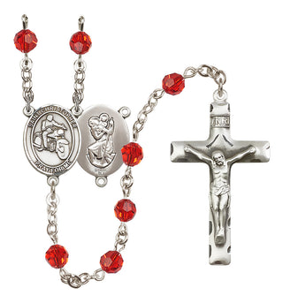 Sterling Silver 6mm Austrian Crystal Saint Christopher/Motorcycle Rosary in Ruby