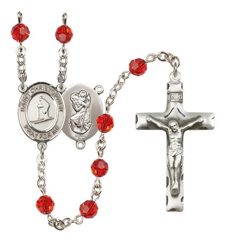 Sterling Silver 6mm Austrian Crystal Saint Christopher / Skiing Rosary in Ruby