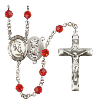 Sterling Silver 6mm Austrian Crystal Saint Christopher / Rugby Rosary in Ruby