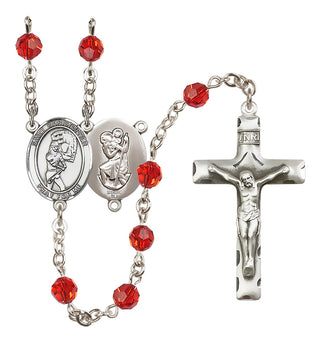 Sterling Silver 6mm Austrian Crystal Saint Christopher/Softball Rosary in Ruby