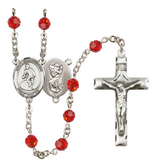 Sterling Silver 6mm Austrian Crystal Saint Christopher/Wrestling Rosary in Ruby