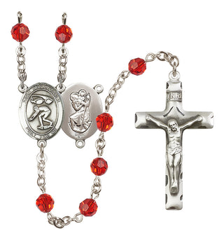 Sterling Silver 6mm Austrian Crystal Saint Christopher/Swimming Rosary in Ruby