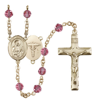 14 Karat Gold-Filled 6mm Austrian Crystal Saint Camillus of Lellis / Nurse Rosary in Rose