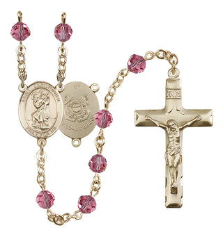 14 Karat Gold-Filled 6mm Austrian Crystal Saint Christopher / Coast Guard Rosary in Rose