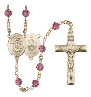 14 Karat Gold-Filled 6mm Austrian Crystal Saint Michael / Marines Rosary in Rose