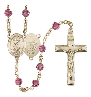 14 Karat Gold 6mm Austrian Crystal Saint Christopher / Navy Rosary in Rose