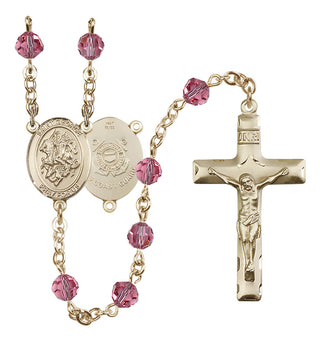 14 Karat Gold 6mm Austrian Crystal Saint George / Coast Guard Rosary in Rose