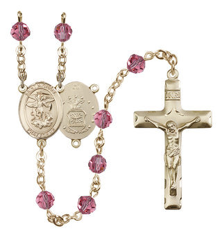 14 Karat Gold 6mm Austrian Crystal Saint Michael / Air Force Rosary in Rose