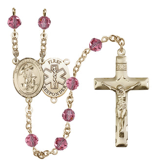 14 Karat Gold 6mm Austrian Crystal Guardian Angel/1st Responders Rosary in Rose