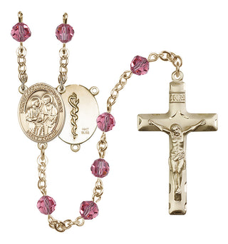 14 Karat Gold 6mm Austrian Crystal Saints Cosmas & Damian / Doctors Rosary in Rose