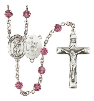 Sterling Silver 6mm Austrian Crystal Saint Christopher / Army Rosary in Rose