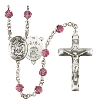 Sterling Silver 6mm Austrian Crystal Saint Michael / Air Force Rosary in Rose