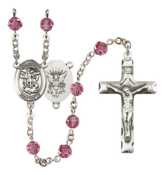 Sterling Silver 6mm Austrian Crystal Saint Michael / Navy Rosary in Rose