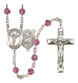Sterling Silver 6mm Austrian Crystal Saint Christopher/Cheerleading Rosary in Rose
