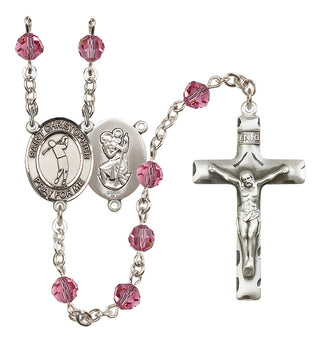 Sterling Silver 6mm Austrian Crystal Saint Christopher/Golf Rosary in Rose