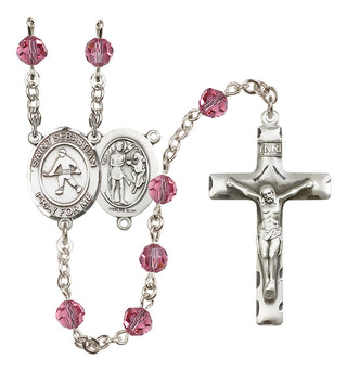 Sterling Silver 6mm Austrian Crystal Saint Sebastian/Field Hockey Rosary in Rose