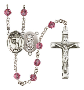 Sterling Silver 6mm Austrian Crystal Saint Christopher/Archery Rosary in Rose