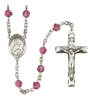 Sterling Silver 6mm Austrian Crystal Immaculate Heart of Mary Rosary in Rose