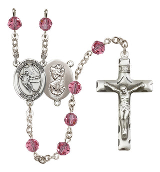 Sterling Silver 6mm Austrian Crystal Saint Christopher/Hockey Rosary in Rose