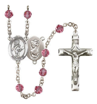Sterling Silver 6mm Austrian Crystal Saint Christopher/Tennis Rosary in Rose