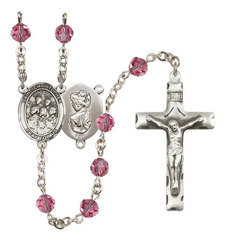 Sterling Silver 6mm Austrian Crystal Saint Christopher / Choir Rosary in Rose