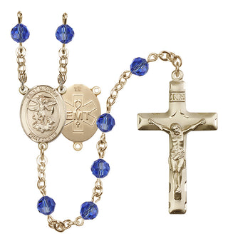 14 Karat Gold-Filled 6mm Austrian Crystal Saint Michael / EMT Rosary in Sapphire