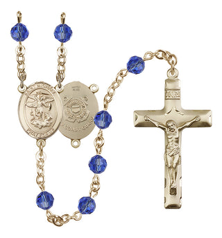 14 Karat Gold-Filled 6mm Austrian Crystal Saint Michael / Coast Guard Rosary in Sapphire
