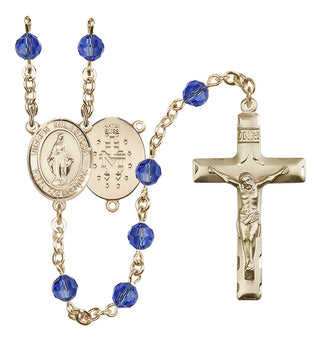 14 Karat Gold-Filled 6mm Austrian Crystal Virgen Milagrosa Rosary in Sapphire