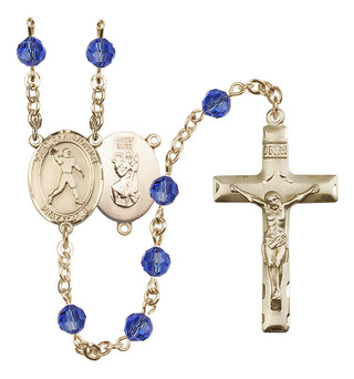 14 Karat Gold-Filled 6mm Austrian Crystal Saint Christopher/Football Rosary in Sapphire