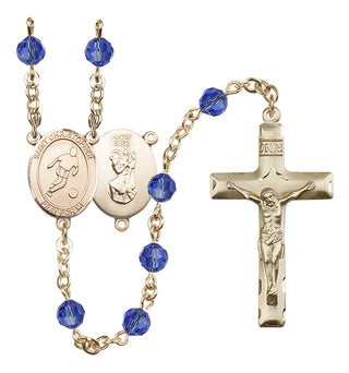 14 Karat Gold-Filled 6mm Austrian Crystal Saint Christopher/Soccer Rosary in Sapphire