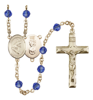 14 Karat Gold-Filled 6mm Austrian Crystal Saint Christopher/Surfing Rosary in Sapphire