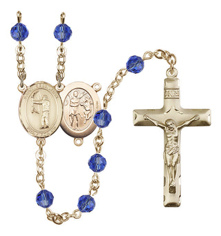 14 Karat Gold-Filled 6mm Austrian Crystal Saint Sebastian / Archery Rosary in Sapphire