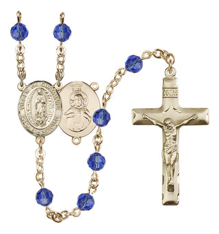 14 Karat Gold-Filled 6mm Austrian Crystal Virgen de Guadalupe Rosary in Sapphire