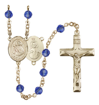 14 Karat Gold-Filled 6mm Austrian Crystal Our Lady of Mount Carmel Rosary in Sapphire