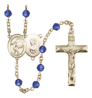 14 Karat Gold-Filled 6mm Austrian Crystal Saint Christopher/Soccer Rosary in Sapphire