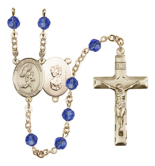 14 Karat Gold-Filled 6mm Austrian Crystal Saint Christopher/Track&Field-Men Rosary in Sapphire