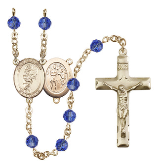 14 Karat Gold-Filled 6mm Austrian Crystal Saint Sebastian/Softball Rosary in Sapphire