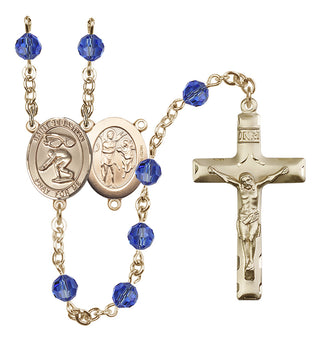 14 Karat Gold-Filled 6mm Austrian Crystal Saint Sebastian/Swimming Rosary in Sapphire