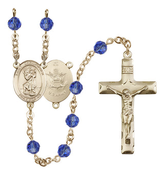 14 Karat Gold 6mm Austrian Crystal Saint Christopher / Army Rosary in Sapphire