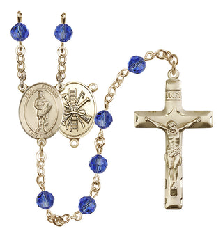 14 Karat Gold 6mm Austrian Crystal Saint Florian/Firefighter Rosary in Sapphire