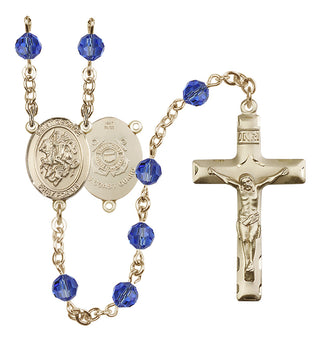 14 Karat Gold 6mm Austrian Crystal Saint George / Coast Guard Rosary in Sapphire