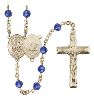 14 Karat Gold 6mm Austrian Crystal Saint George / Navy Rosary in Sapphire