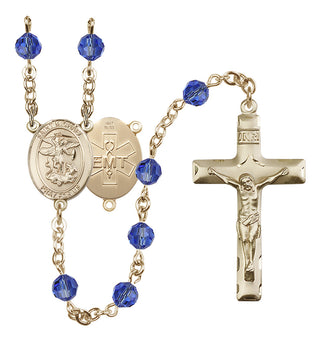 14 Karat Gold 6mm Austrian Crystal Saint Michael / EMT Rosary in Sapphire