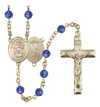 14 Karat Gold 6mm Austrian Crystal Saint Michael / Nat'l Guard Rosary in Sapphire