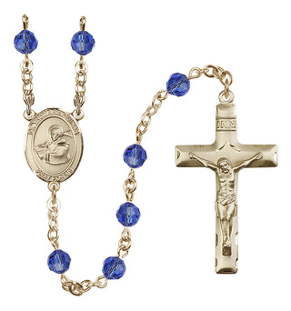 14 Karat Gold 6mm Austrian Crystal Saint Thomas Aquinas Rosary in Sapphire