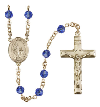 14 Karat Gold 6mm Austrian Crystal Saint Zachary Rosary in Sapphire